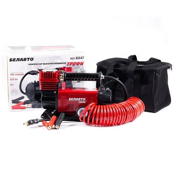 Компрессор автомобильный Belauto ТРОФИ БК47 12V 160 л/мин 600 Вт профессиональный с зажимами АКБ фото