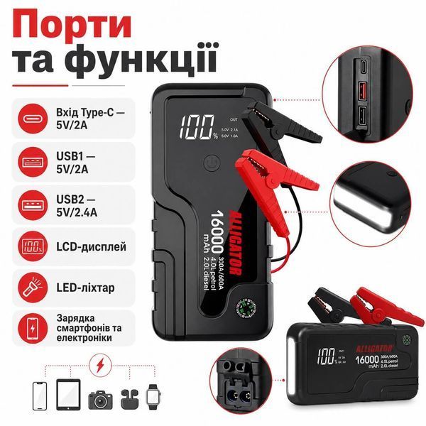 Бустер Alligator JS841 Jump Starter 300A/600A 16000mAh с функцией Power Bank фото