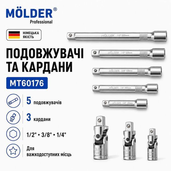 Професійний набір інструментів M&Ouml;LDER 176 одиниць (1/2", 1/4", 3/8", Cr-V, 72 зубці) фото