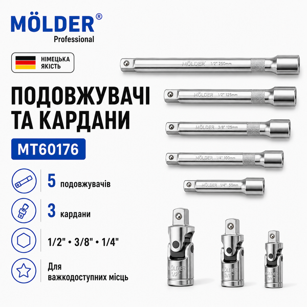 Професійний набір інструментів M&Ouml;LDER 176 одиниць (1/2", 1/4", 3/8", Cr-V, 72 зубці) фото