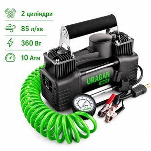 Компресор автомобільний Uragan 90170, 12V, 85 л/хв, 10 Атм, двоциліндровий, із зажимами на АКБ фото