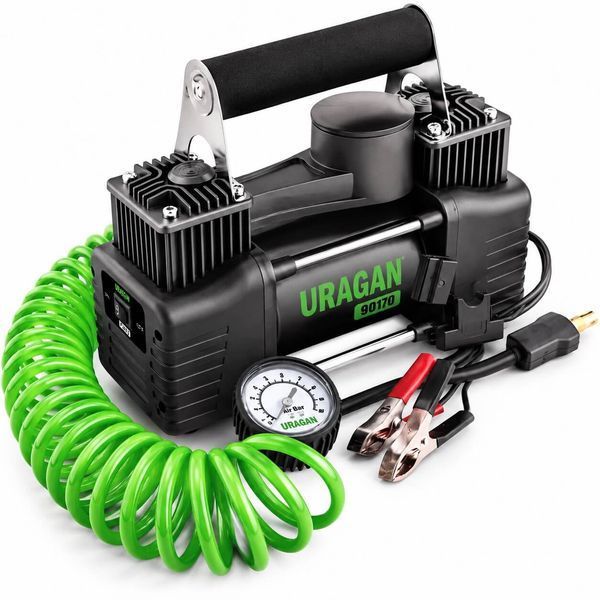 Компресор автомобільний Uragan 90170, 12V, 85 л/хв, 10 Атм, двоциліндровий, із зажимами на АКБ фото