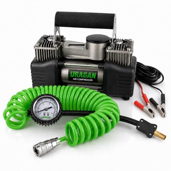 Компресор автомобільний Uragan 90170, 12V, 85 л/хв, 10 Атм, двоциліндровий, із зажимами на АКБ фото