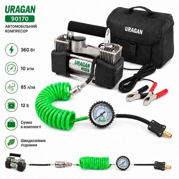Компресор автомобільний Uragan 90170, 12V, 85 л/хв, 10 Атм, двоциліндровий, із зажимами на АКБ фото