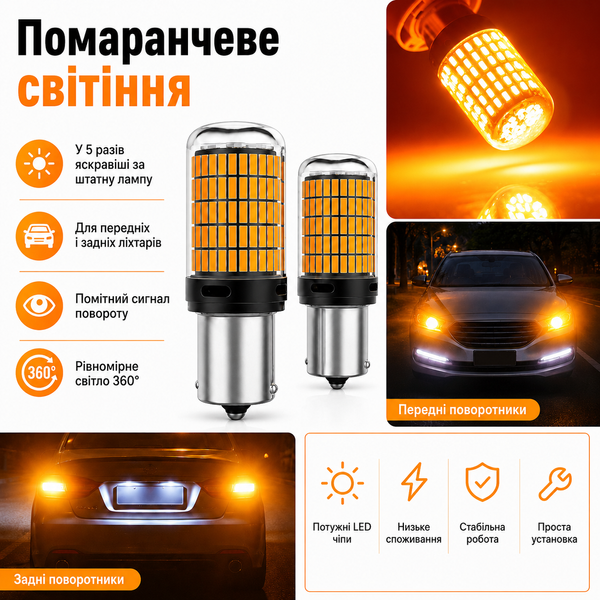 Лампочки поворотников AutoLight 144LED YEL 30W | цоколь PY21W(BAU15S) 12-24V фото