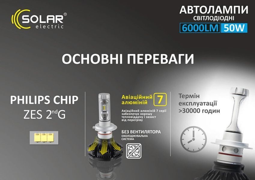Автолампи світлодіодні H4 Solar, 50W, 12/24V, 6000Lm, 6500K, ZES Chip (2 шт) фото